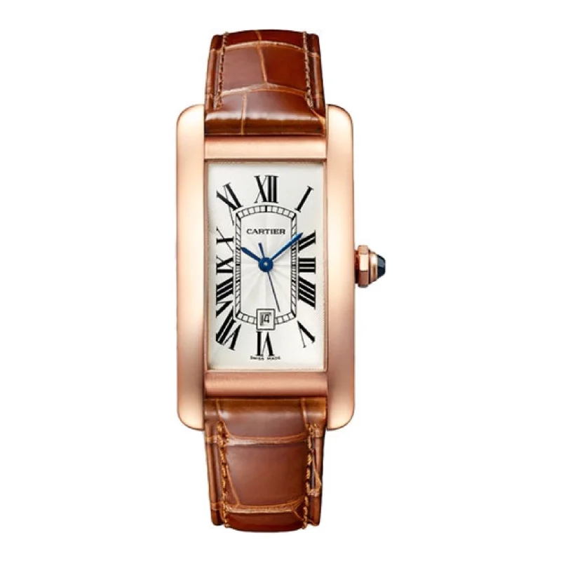 Discover Cartier Watches for Your Style –Cartier Tank Americaine 41.6mm Watch - Ref: WGTA0046 - Silver Roman Dial in 18K Rose Gold Case, Brown Alligator Strap