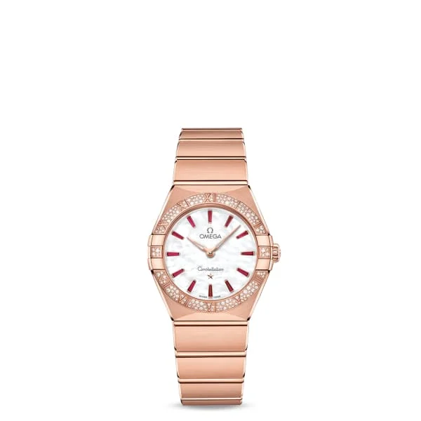 Shop Omega Watches for Classic Designs –Omega Constellation 28mm Watch - Ref: 131.55.28.60.55.004 - White Mother of Pearl Ruby Index Dial & Pave Diamond Bezel, 18K Rose Gold Bracelet