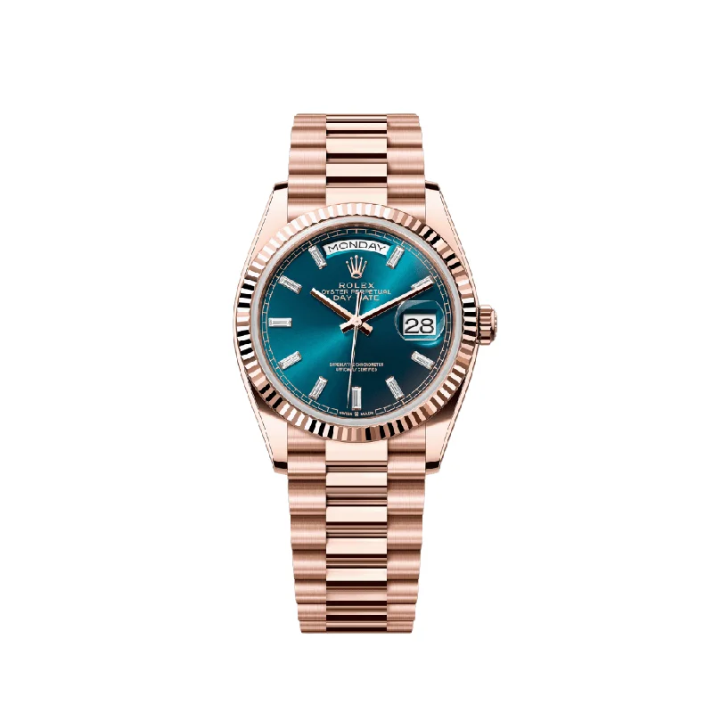 Shop Rolex Watches for Lasting Elegance –Rolex Day-Date 128235 Rose Gold Blue-Green Baguette Marker Dial