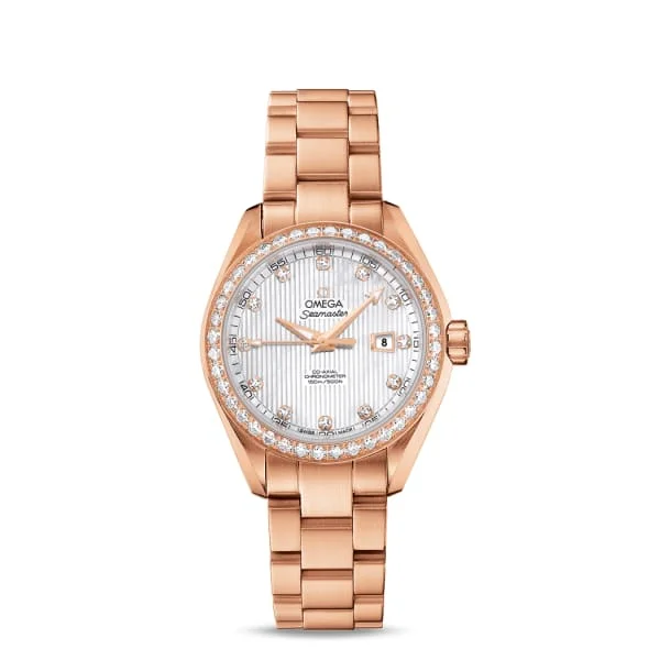 Find Omega Watches with Iconic Designs –Omega Seamaster 34mm Watch - Ref: 231.55.34.20.55.002 - White Mother of Pearl Diamond Index Dial & Diamond Bezel, 18K Rose Gold Bracelet