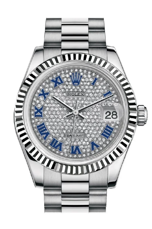 Rolex Watches: Precision Crafted for the Discerning –Rolex Datejust 31 Diamond-paved Roman Dial Fluted Bezel 18K White Gold President Ladies Watch 178279 Pre-owned