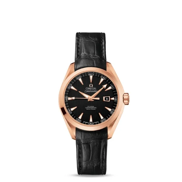 Shop Omega Watches for Classic Appeal –Omega Seamaster 34mm Watch - Ref: 231.53.34.20.01.002 - Black Index Dial in 18K Rose Gold Case, Black Leather Strap