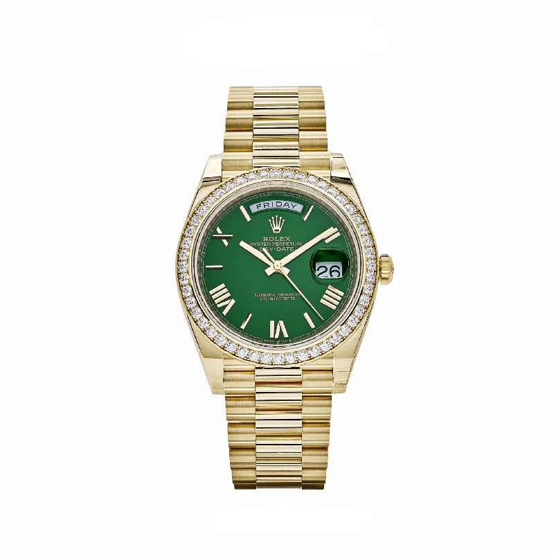 Find Rare Rolex Watches Online –Rolex Day-Date 228348RBR Yellow Gold Green Roman Numeral Dial Diamond Bezel (2024)