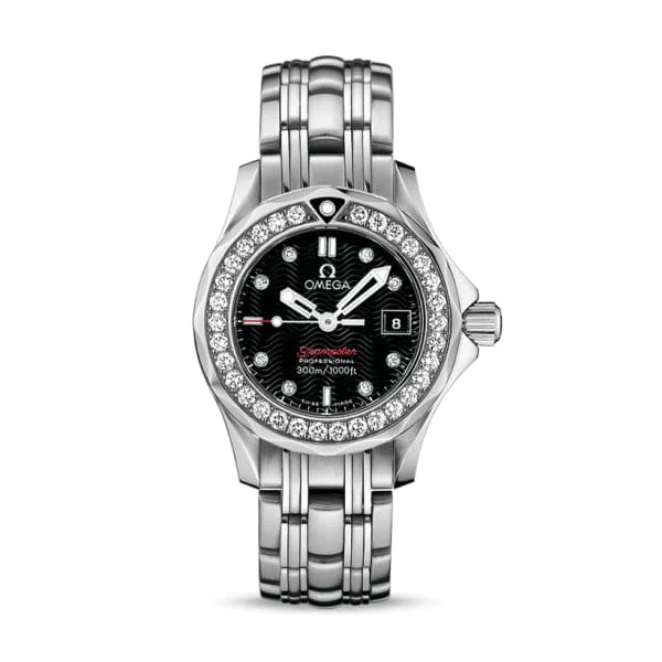 Shop Omega Watches for Rare Collections –Omega Seamaster 28mm Watch - Ref: 212.15.28.61.51.001 - Black Diamond Index Dial & Diamond Bezel, Stainless Steel Bracelet