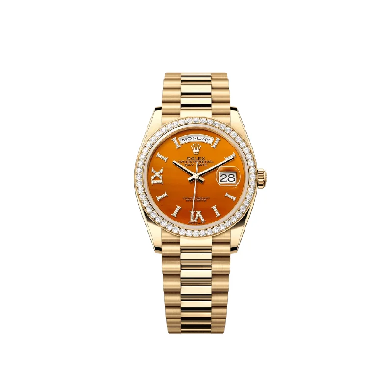 Explore the Latest Rolex Models –Rolex Day-Date 128348RBR Yellow Gold Carnelian Dial Diamond Bezel