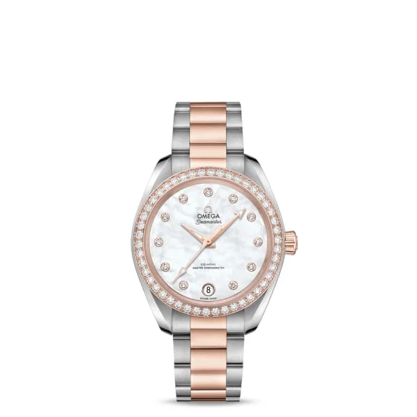 Discover Iconic Omega Timepieces –Omega Seamaster 34mm Watch - Ref: 220.25.34.20.55.001 - White Mother of Pearl Diamond Index Dial & Diamond Bezel, Two Tone Stainless Steel & 18K Rose Gold Bracelet