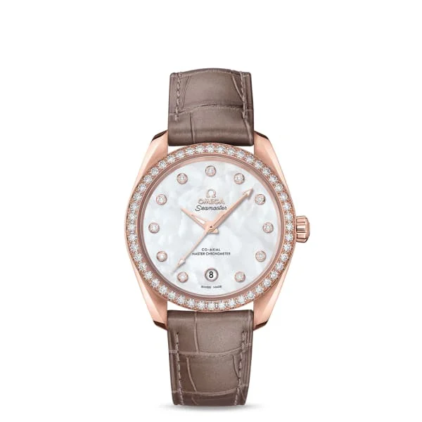 Discover Omega Watches for Timeless Style –Omega Seamaster 38mm Watch - Ref: 220.58.38.20.55.001 - White Mother of Pearl Diamond Index Dial & Diamond Bezel in 18K Rose Gold Case, Brown Leather Strap