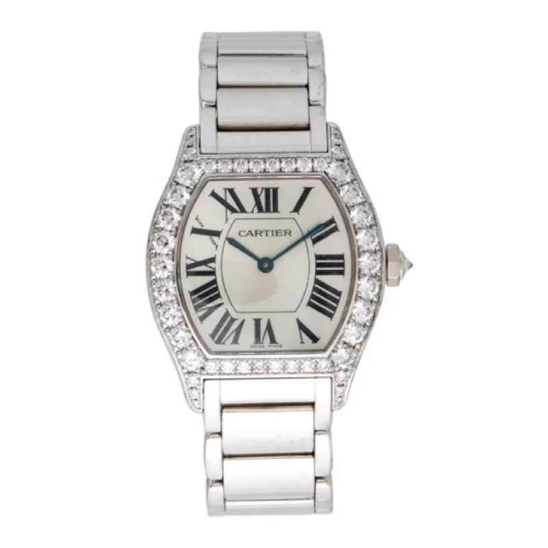 Find Cartier Watches with Iconic Elegance –Cartier Cartier Tortue 34mm Watch - Ref: WA5072W9 - Silver Roman Dial & Diamond Bezel, 18K White Gold Bracelet