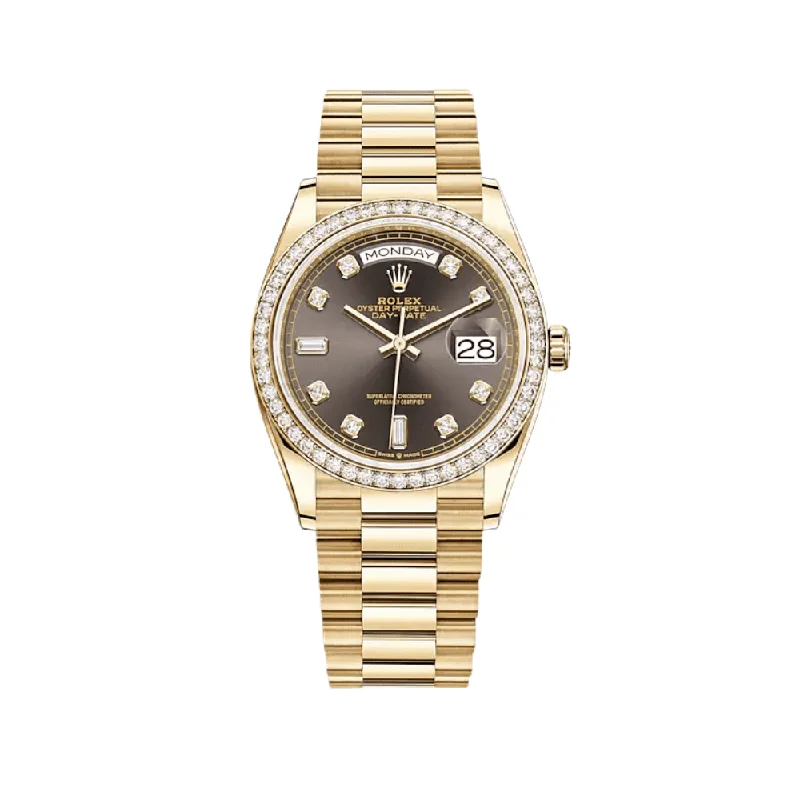 Shop Rolex Watches for Luxury That Lasts –Rolex Day-Date 128348RBR Yellow Gold Diamond Bezel Grey Diamond Dial