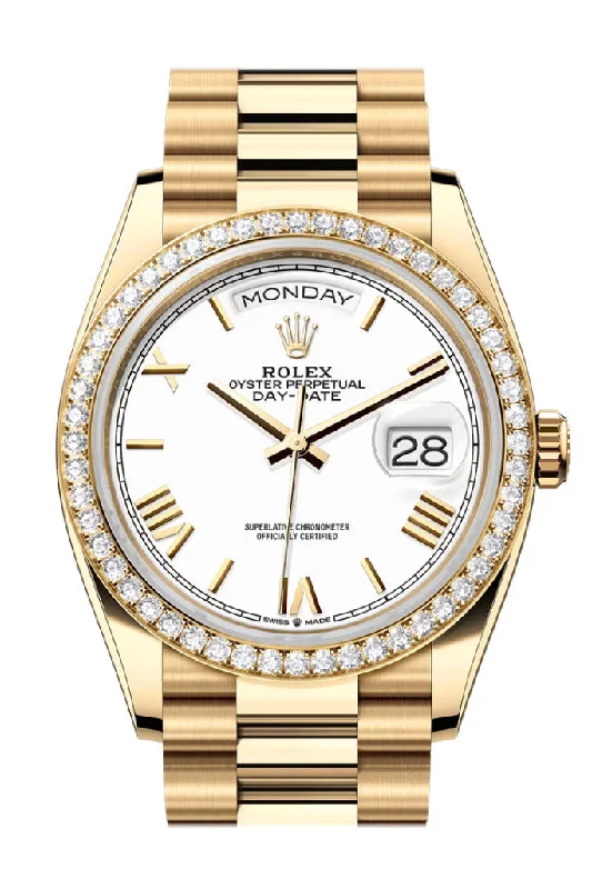 Discover Iconic Rolex Timepieces with Unmatched Craftsmanship –Rolex Day Date 36mm White Roman Dial Diamond Bezel Yellow Gold President Bracelet 128348RBR