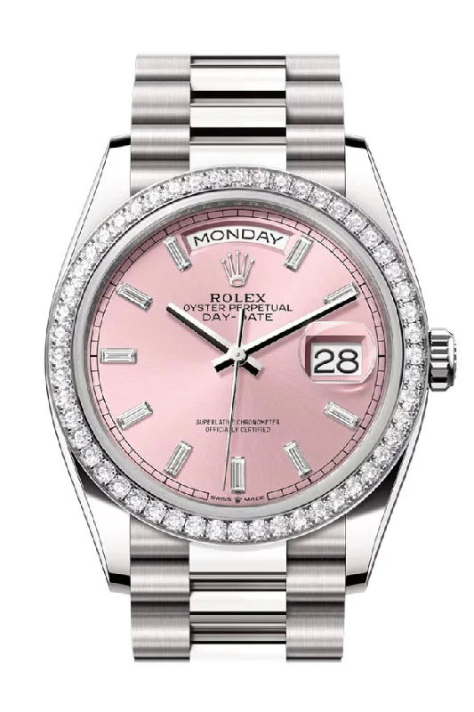 Rolex Watches: Precision, Luxury, and Style –Rolex Day Date 36mm Pink Diamond Dial Diamond Bezel White Gold President Bracelet 128349RBR