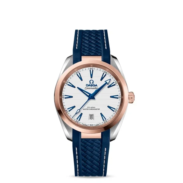 Omega Watches: A Legacy of Luxury –Omega Seamaster 38mm Watch - Ref: 220.22.38.20.02.001 - Silver Index Dial in Two Tone Stainless Steel & 18K Rose Gold Case, Blue Rubber Strap