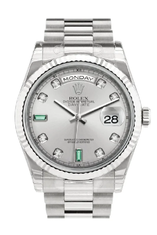 Shop Rolex Watches with Timeless Appeal –Rolex Day-Date 36 Rhodium set with Diamonds and emeralds Dial Fluted Bezel President White Gold Watch 118239