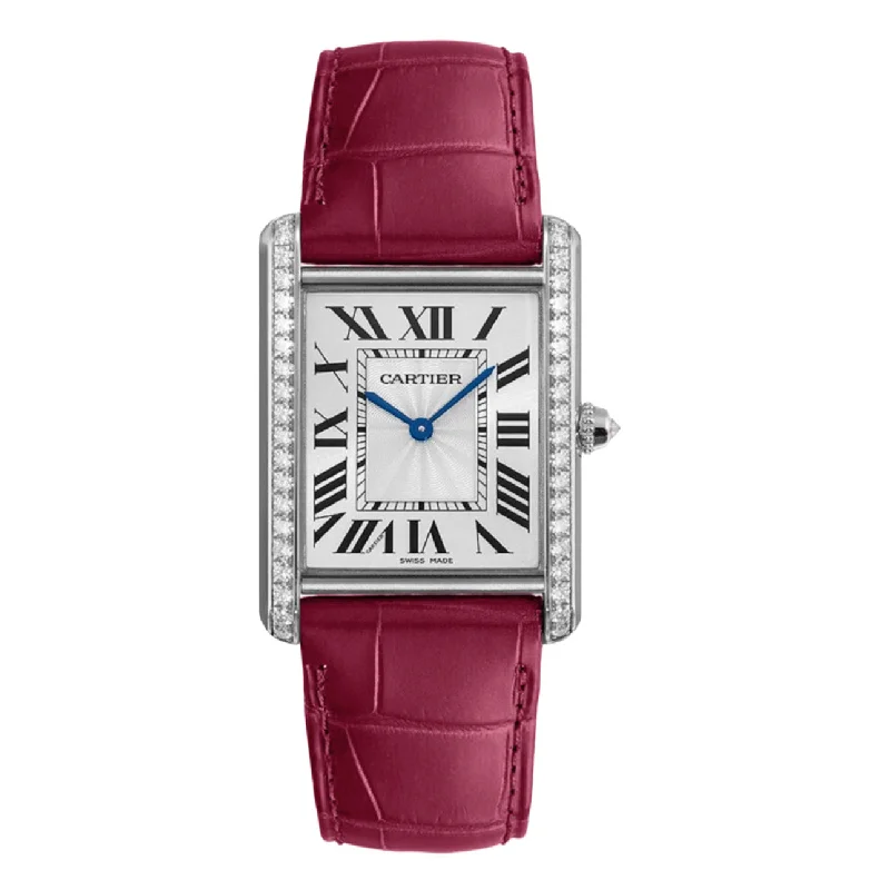 Cartier Watches: The Art of Timekeeping –Cartier Tank Louis 29.5mm Women's watch - Ref: WJTA0011 - Silver Roman Dial & Diamond Bezel in 18K White Gold Case, Pink Leather Strap