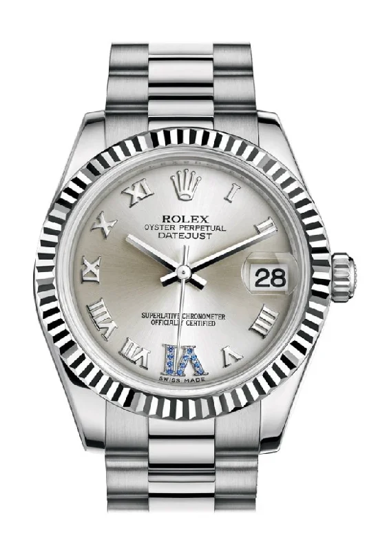 Shop Rolex Watches for the Perfect Timepiece –Rolex Datejust 31 Silver Large VI set with sapphires Dial Fluted Bezel 18K White Gold President Ladies Watch 178279 Pre-owned