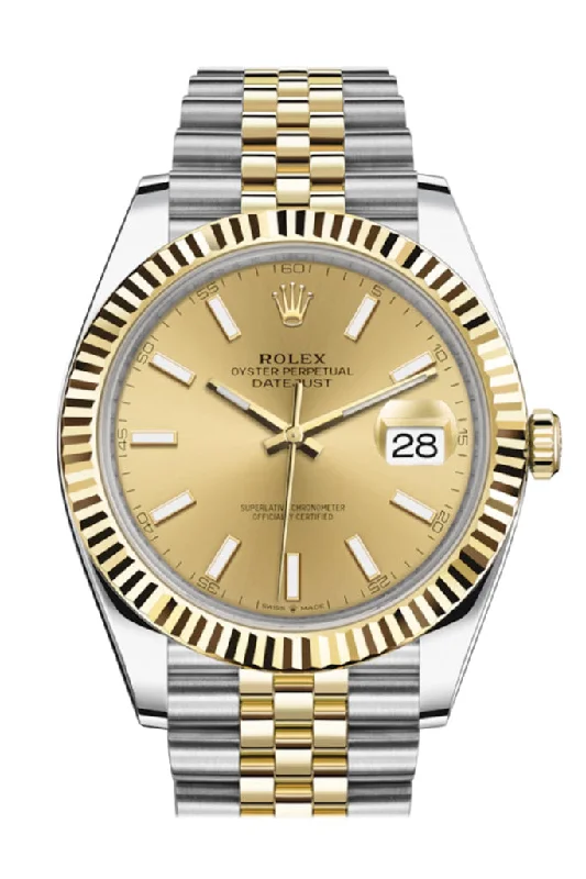 Rolex Watches: Built for the Elite –Rolex Datejust 41 Champagne Dial Fluted Bezel 18k Yellow Gold Jubilee Mens Watch 126333