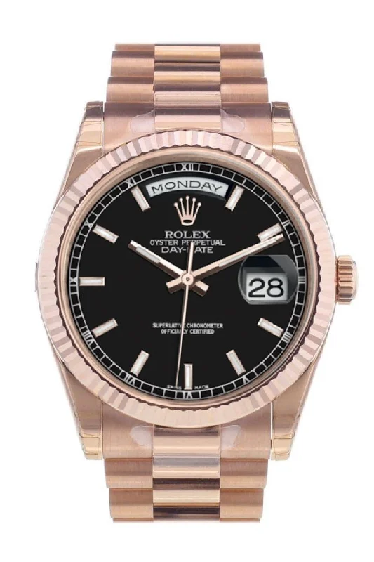 Rolex Watches: Masterpieces of Swiss Craftsmanship –Rolex Day-Date 36 Black Dial Fluted Bezel President Everose Gold Watch 118235