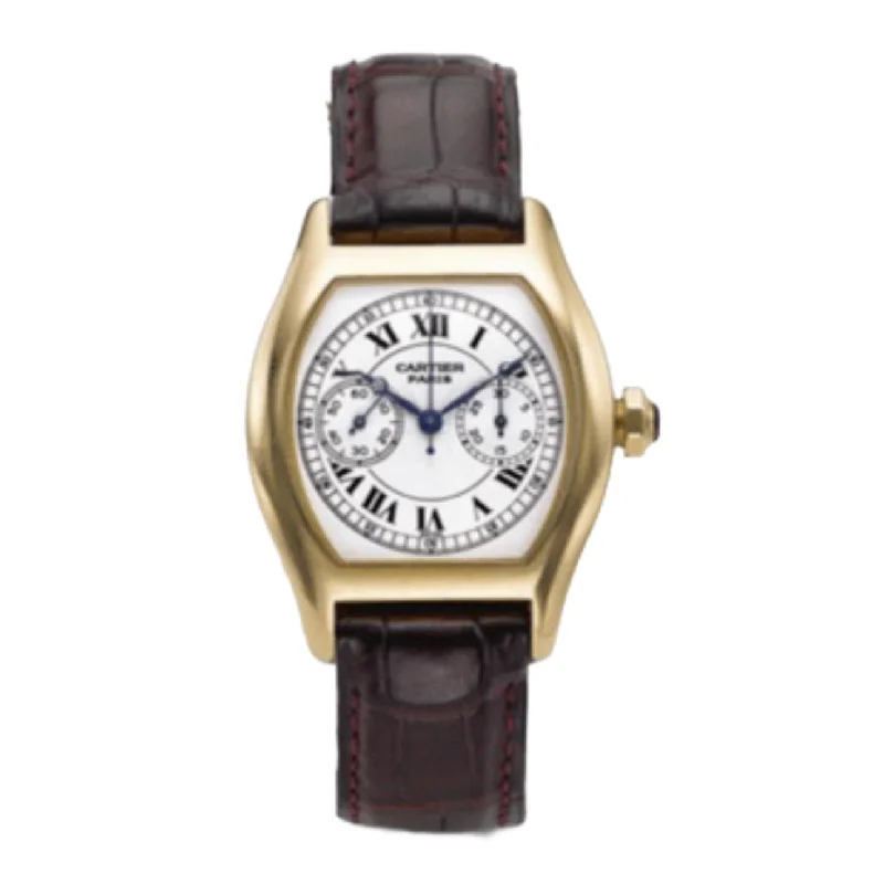 Cartier Watches: Crafted for the Elite –Cartier Cartier Tortue 27mm Women's watch - Ref: W1525751 - White Roman Dial in 18K Yellow Gold Case, Brown Leather Strap