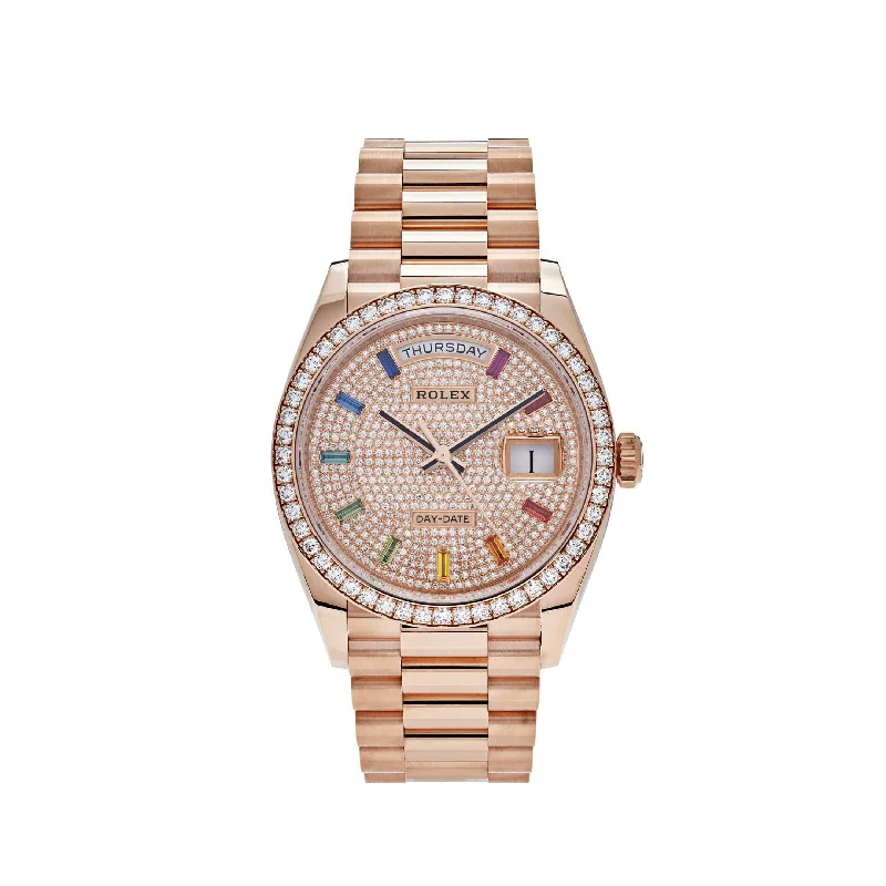 Shop Rolex Watches for Discerning Tastes –Rolex Day-Date 128345RBR Rose Gold Rainbow Diamond Pave Dial (2021)