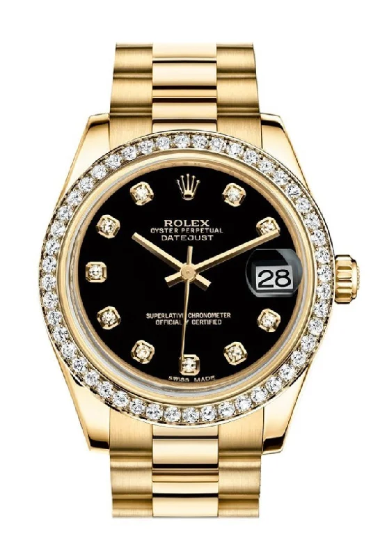 Discover Rolex Watches for the Perfect Gift –Rolex Datejust 31 Black Diamond Dial Diamond Bezel 18K Yellow Gold President Ladies Watch 178288 Pre-owned