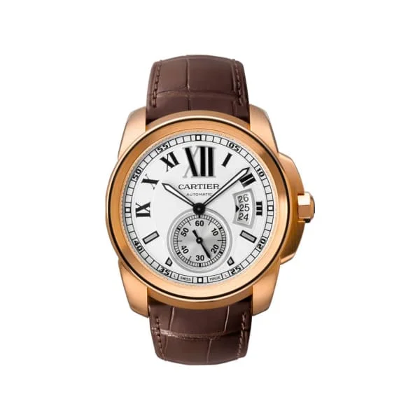 Discover Iconic Cartier Timepieces –Cartier Calibre de Cartier 42mm Watch - Ref: W7100009 - Silver Roman Dial in 18K Rose Gold Case, Brown Leather Strap