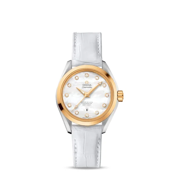 Find the Best Omega Timepieces for Your Collection –Omega Seamaster 34mm Watch - Ref: 231.23.34.20.55.002 - White Mother of Pearl Diamond Index Dial & 18K Yellow Gold Bezel, White Leather Strap