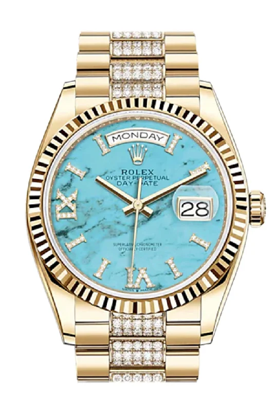 Rolex Watches: Swiss Quality and Precision –ROLEX Day-Date 36 Turquoise Dial 18K Yellow Gold Watch Diamond set president Bracelet 128238