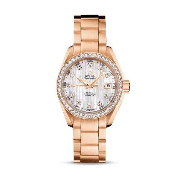 Explore Omega Watches for Modern Luxury –Omega Seamaster 30mm Watch - Ref: 231.55.30.20.55.001 - White Mother of Pearl Diamond Index Dial & Diamond Bezel, 18K Rose Gold Bracelet