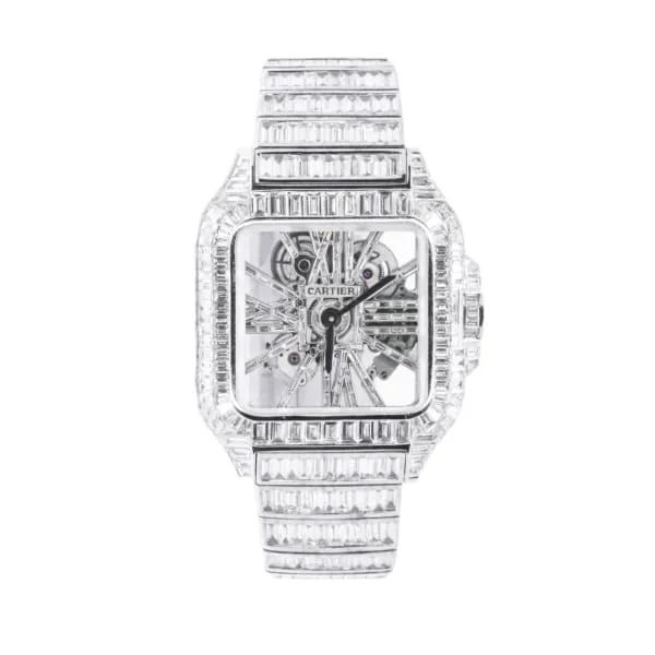 Cartier Watches: Designed for the Sophisticated –Cartier Santos de Cartier 39.8mm Watch - Ref: whsa0007 - Diamond Skeleton Roman Dial, Custom Iced Out 18K White Gold Bracelet