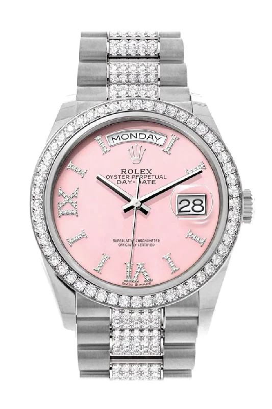 Shop Iconic Rolex Watches Today –Rolex Day-Date 36 Pink Opal Diamond Dial Diamond Bezel White Gold Diamond President Watch 128349RBR