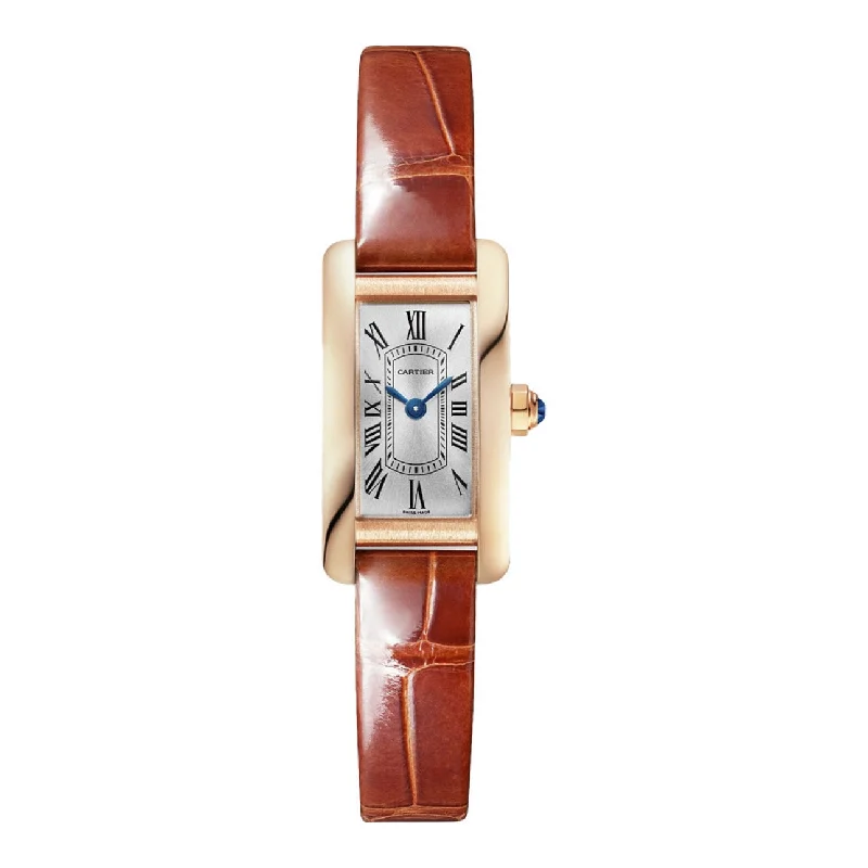 Shop Cartier Watches for Timeless Quality –Cartier Tank Americaine 28mm Women's watch - Ref: WGTA0132 - Silver Roman Dial & 18K Rose Gold Case, Brown Alligator Strap