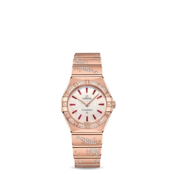 Shop Omega Watches for Exclusive Models –Omega Constellation 28mm Watch - Ref: 131.55.28.60.99.003 - White Australian Opal Ruby Index Dial, 18K Rose Gold Pave Diamond Bracelet