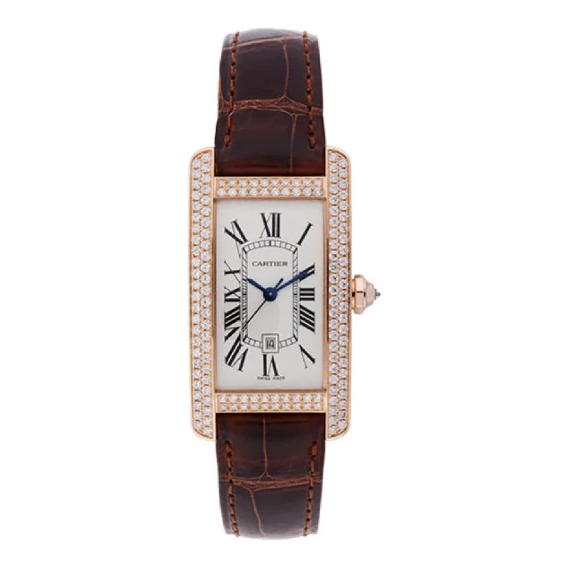 Cartier Watches: A True Symbol of Quality –Cartier Tank Americaine 41.6mm Watch - Ref: WB704751 - Silver Roman Dial & Diamond Bezel in 18K Rose Gold Case, Brown Alligator Strap