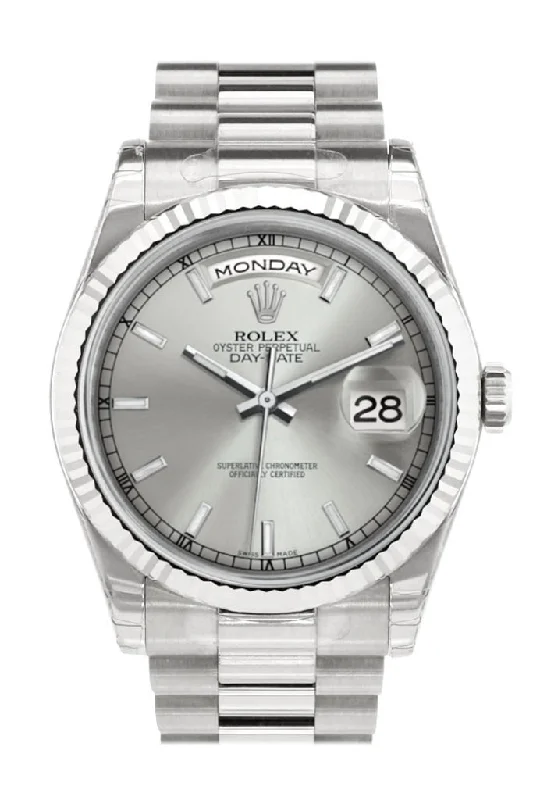 Timeless Rolex Watches for the Modern Collector –Rolex Day-Date 36 Silver Dial Fluted Bezel President White Gold Watch 118239