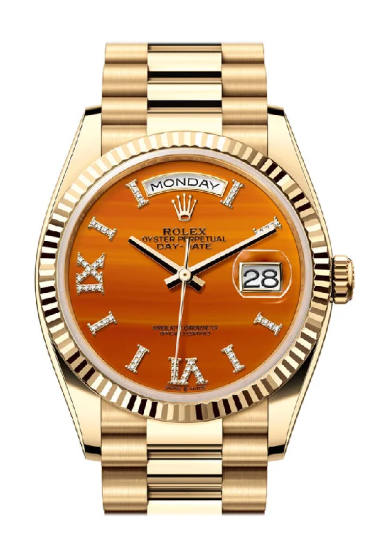 Shop Rolex Datejust Watches –Rolex Day-Date 36 Carnelian Dial Gold Fluted Bezel Yellow Gold Watch 128238