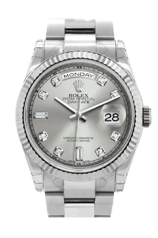 Rolex Watches: The Ultimate Luxury Experience –Rolex Day-Date 36 Silver set with Diamonds Dial Fluted Bezel Oyster White Gold Watch 118239