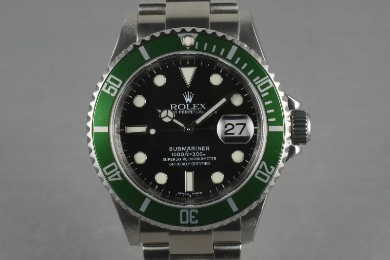 Shop Rolex Watches with Timeless Appeal –Rolex Green Submariner 16610 LV with Box and Papers M serial