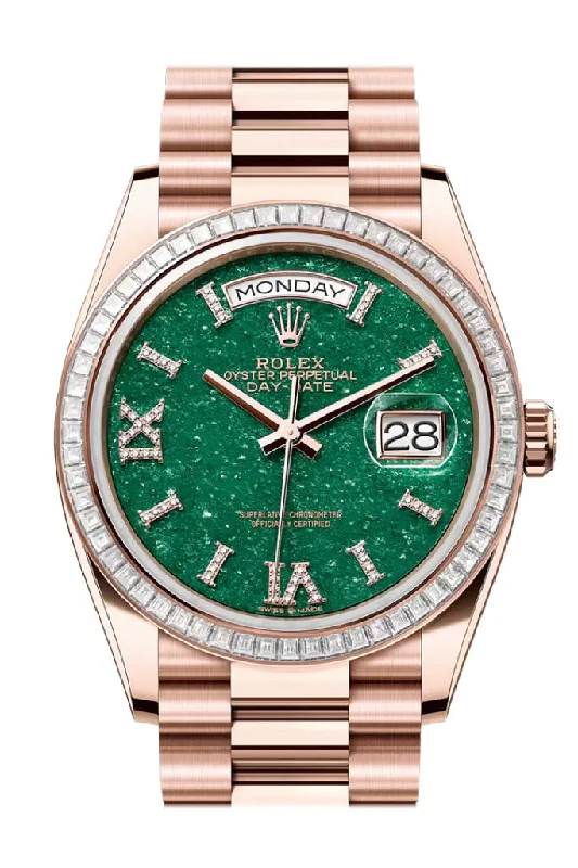 Timeless Rolex Watches Available for Purchase –Rolex Day Date 36 Green Aventurine Roman Dial Diamond Bezel Rose Gold President Bracelet 128395TBR