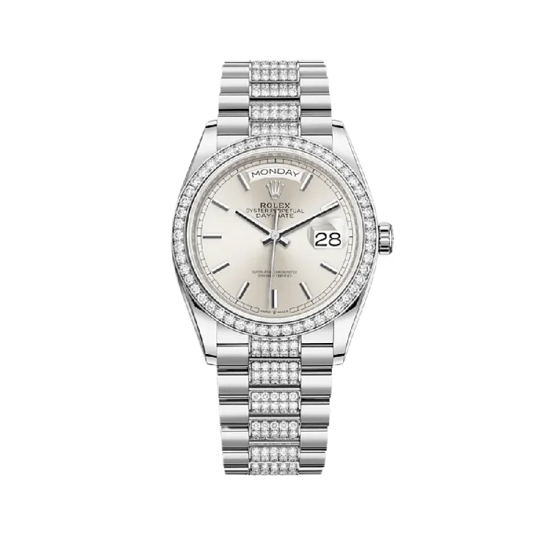 Discover Rolex Watches with Classic Design –Rolex Day-Date 128349RBR White Gold Diamond Bezel Silver Dial