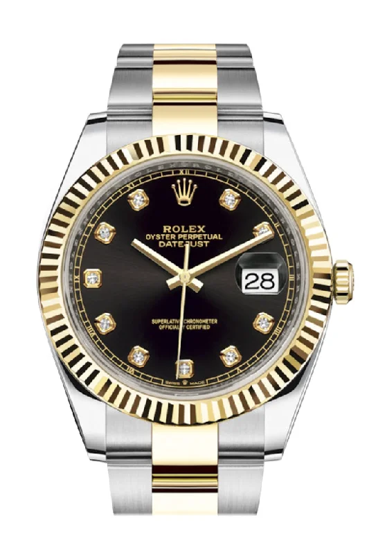 Find Classic Rolex Models with Perfect Design –Rolex Datejust 41 Black Diamond Dial Fluted Bezel 18k Yellow Gold Mens Watch 126333