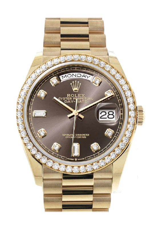 Luxury Rolex Watches for Collectors –Rolex Day-Date 36 Dark Grey Dial Gold Diamond Bezel Watch 128348RBR-0005 128348RBR