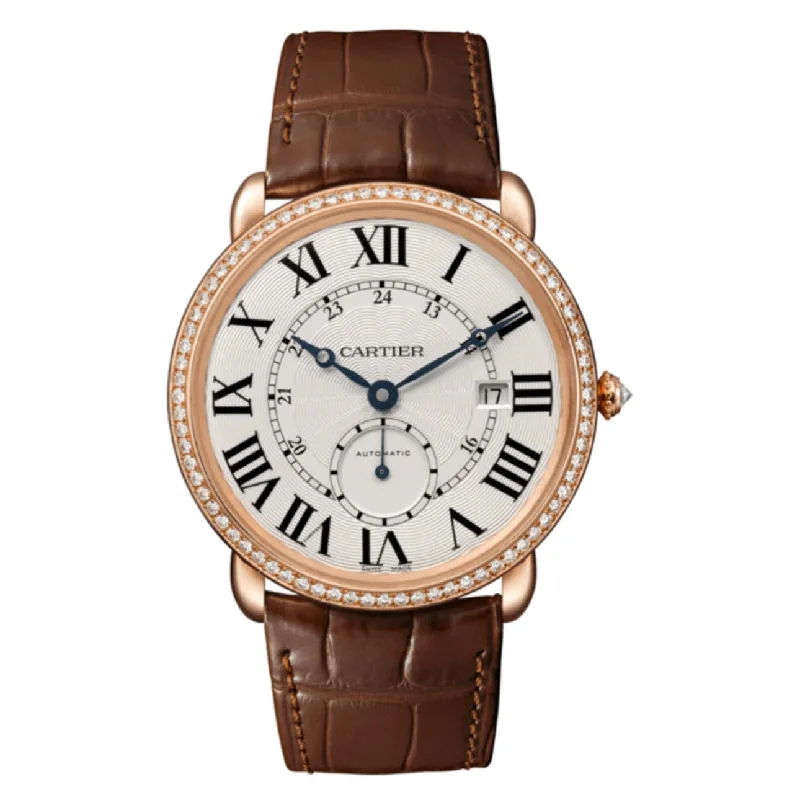 Discover the Legacy of Cartier Timepieces –Cartier Ronde Solo de Cartier 40mm Watch - Ref: WR007017 - Silver Roman & Arabic Dial & Diamond Bezel in 18K Rose Gold Case, Brown Alligator Strap