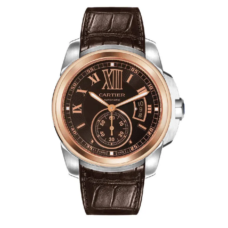 Find Cartier Watches with Legendary Status –Cartier Calibre de Cartier 42mm Watch - Ref: W7100051 - Chocolate Roman Dial & 18K Rose Gold Bezel, Brown Alligator Strap