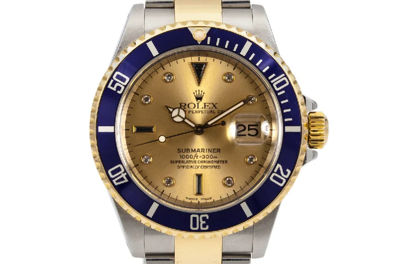 Discover Rolex Watches with Classic Design –2000 Rolex Two Tone Submariner 16613 Champagne Serti Dial with Box and Papers