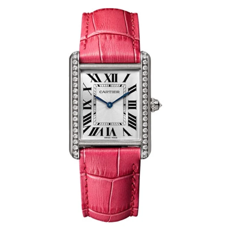 Shop Cartier Watches for Luxury That Lasts –Cartier Tank Louis 33.7mm Watch - Ref: WJTA0015 - Silver Roman Dial & Diamond Bezel in 18K White Gold Case, Pink Alligator Strap