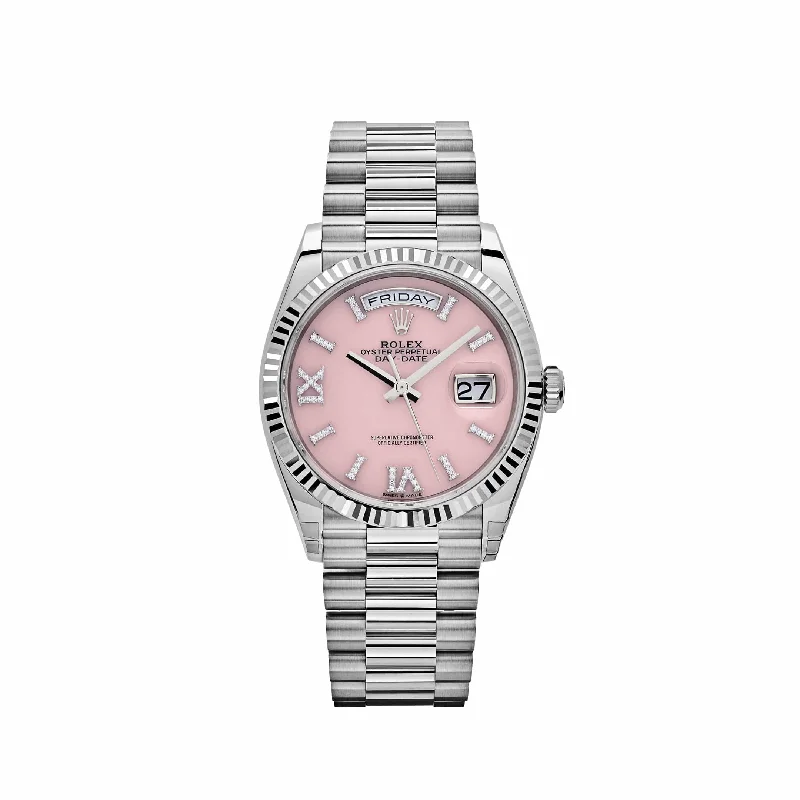 Find Classic Rolex Watches Here –Rolex Day-Date 128239 White Gold Pink Opal Diamond Roman Numerals Dial (2024)