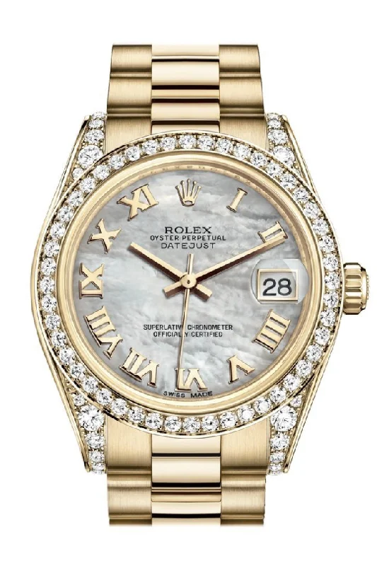 Discover the World of Rolex Watches –Rolex Datejust 31 White Mother of Pearl Roman Dial Diamond Bezel Lug 18K Yellow Gold President Ladies Watch 178158 Pre-owned