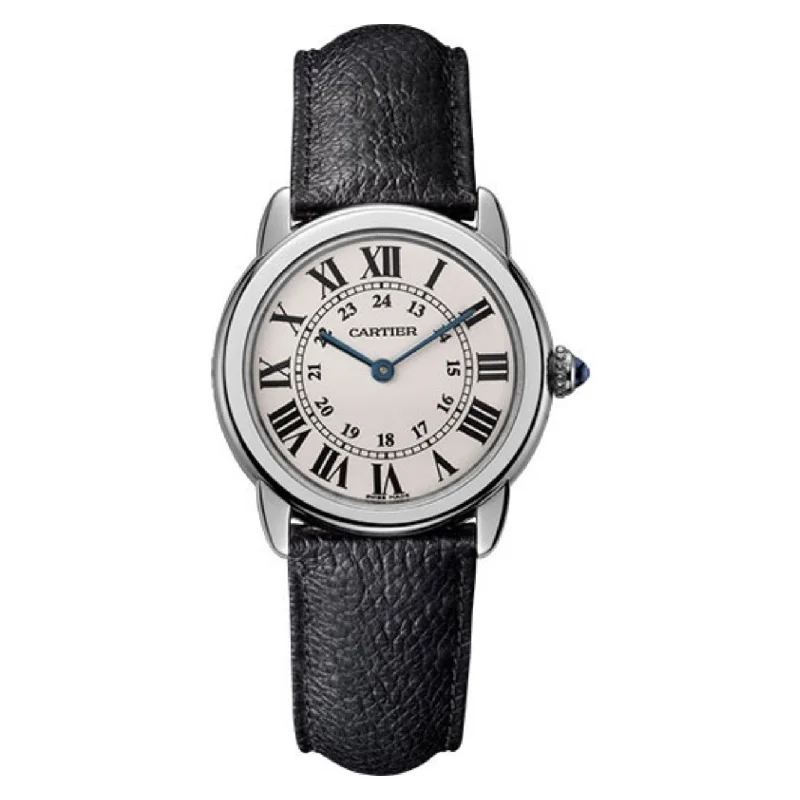 Shop Cartier Watches for Luxury and Performance –Cartier Ronde Solo de Cartier 29mm Women's watch - Ref: WSRN0019 - Silver Roman & Arabic Dial, Black Calfskin Strap