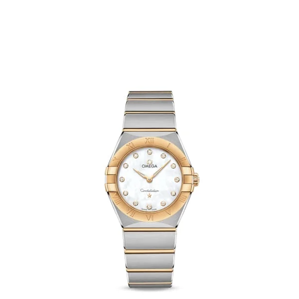 Shop Omega Watches for the Ultimate Timepiece –Omega Constellation 28mm Watch - Ref: 131.20.28.60.55.002 - White Mother of Pearl Diamond Index Dial & 18K Yellow Gold Bezel, Two Tone Stainless Steel & 18K Yellow Gold Bracelet