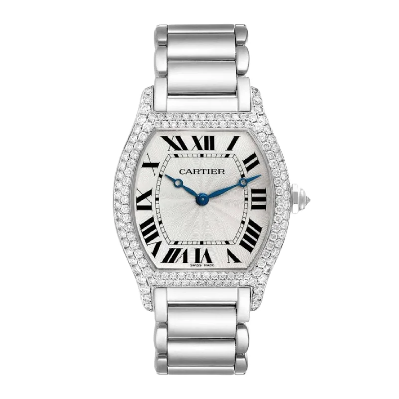 Find Rare Cartier Watches with Iconic Designs –Cartier Cartier Tortue 33mm Watch - Ref: WA504351 - Silver Roman Dial & Pave Diamond Bezel, 18K White Gold Bracelet